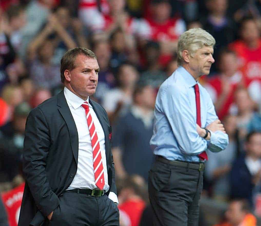 LIVERPOOL, ENGLAND - Sunday September 2, 2012: Liverpool's manager Brendan Rodgers and Arsenal's manager Arsene Wenger during the Premiership match at Anfield. (Pic by David Rawcliffe/Propaganda)