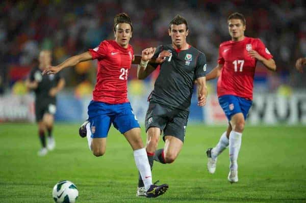 NOVI SAD, SERBIA - Tuesday, September 11, 2012: Wales' Gareth Bale in action against Serbia's Lazar Markovic during the 2014 FIFA World Cup Brazil Qualifying Group A match at the Karadorde Stadium. (Pic by David Rawcliffe/Propaganda)