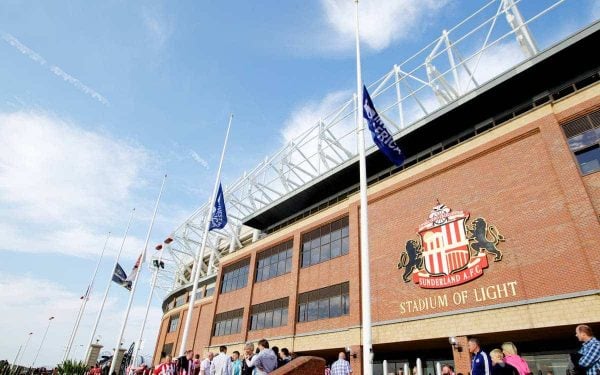 SUNDERLAND, ENGLAND - Saturday, September 15, 2012: Flags fly at hale-mast outside Sunderland's Stadium of Light before the Premiership match against Liverpool as a mark of respect for the 96 victims of the Hillsborough Stadium Disaster. (Pic by Vegard Grott/Propaganda)