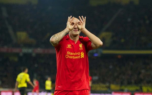 BERNE, SWITZERLAND - Thursday, September 20, 2012: Liverpool's Jonjo Shelvey celebrates scoring the fifth goal against BSC Young Boys during the UEFA Europa League Group A match at the Wankdorf Stadion. (Pic by David Rawcliffe/Propaganda)