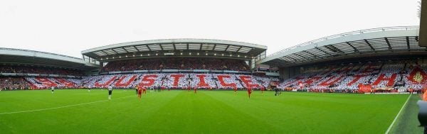LIVERPOOL, ENGLAND - Sunday, September 23, 2012: Liverpool supporters form a mosaic on the Centenary Stand calling for Justice for the 96 victims of the Hillsborough Stadium Disaster before the Premiership match against Manchester United at Anfield. (Pic by David Rawcliffe/Propaganda)