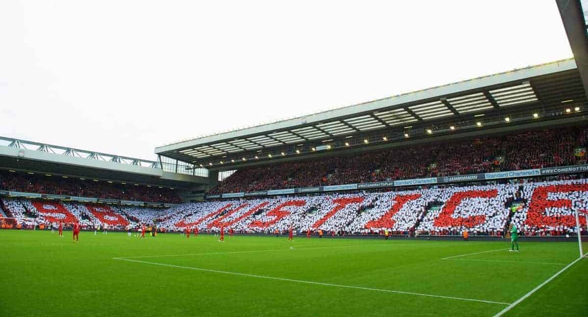 LIVERPOOL, ENGLAND - Sunday, September 23, 2012: Liverpool supporters form a mosaic on the Anfield Road and Centenary Stands calling for Justice for the 96 victims of the Hillsborough Stadium Disaster before the Premiership match against Manchester United at Anfield. (Pic by David Rawcliffe/Propaganda)