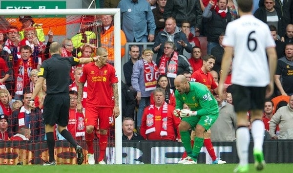 LIVERPOOL, ENGLAND - Sunday, September 23, 2012: Liverpool's goalkeeper Jose Reina reacts in disbelief as referee Mark Halsey awards Manchester United a highly dubious penalty to gift the side three points during the Premiership match at Anfield. (Pic by David Rawcliffe/Propaganda)