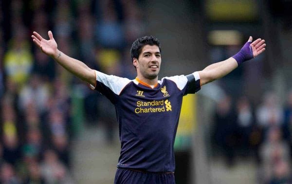 NORWICH, ENGLAND - Saturday, September 29, 2012: Liverpool's hat-trick hero Luis Alberto Suarez Diaz celebrates scoring the fourth goal, his third of his hat-trick, against Norwich City during the Premiership match at Carrow Road. (Pic by David Rawcliffe/Propaganda)