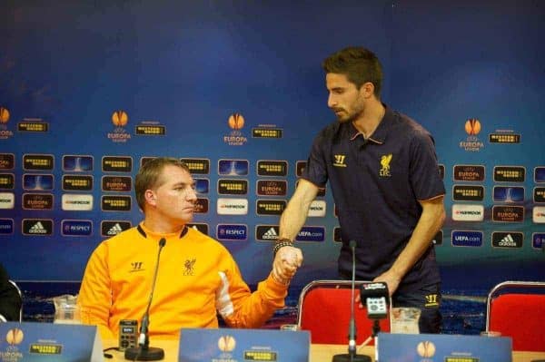 Brendan Rodgers and Fabio Borini during a press conference. (Pic by David Rawcliffe/Propaganda)