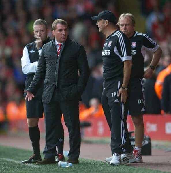 LIVERPOOL, ENGLAND - Sunday, October 7, 2012: Liverpool's manager Brendan Rodgers argues with Stoke City's manager Tony Pulis during the Premiership match at Anfield. (Pic by David Rawcliffe/Propaganda)