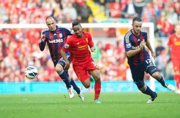 LIVERPOOL, ENGLAND - Sunday, October 7, 2012: Liverpool's Raheem Sterling in action against Stoke City during the Premiership match at Anfield. (Pic by David Rawcliffe/Propaganda)