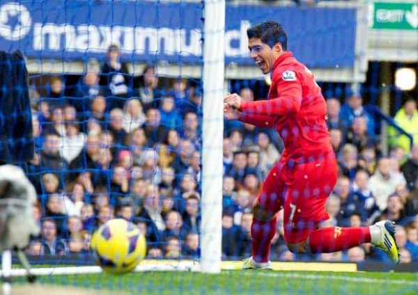 LIVERPOOL, ENGLAND - Sunday, October 28, 2012: Liverpool's Luis Alberto Suarez Diaz celebrates scoring the second goal against Everton during the 219th Merseyside Derby match at Goodison Park. (Pic by David Rawcliffe/Propaganda)