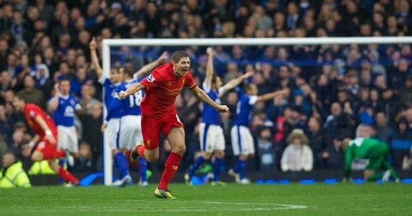 LIVERPOOL, ENGLAND - Sunday, October 28, 2012: Liverpool's captain Steven Gerrard celebrates the third goal, but it was disallowed, against Everton during the 219th Merseyside Derby match at Goodison Park. (Pic by David Rawcliffe/Propaganda)