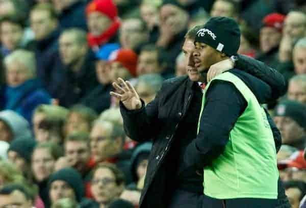 LIVERPOOL, ENGLAND - Wednesday, October 31, 2012: Liverpool's manager Brendan Rodgers and Raheem Sterling during the Football League Cup 4th Round match against Swansea City at Anfield. (Pic by David Rawcliffe/Propaganda)