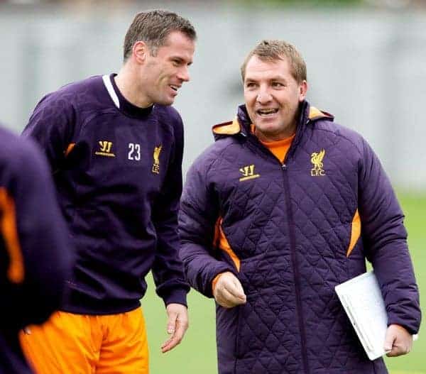 LIVERPOOL, ENGLAND - Wednesday, November 7, 2012: Liverpool's manager Brendan Rodgers talks to Jamie Carragher during a training session at the club's Melwood Training Ground ahead of the UEFA Europa League Group A match against FC Anji Makhachkala. (Pic by Vegard Grott/Propaganda)