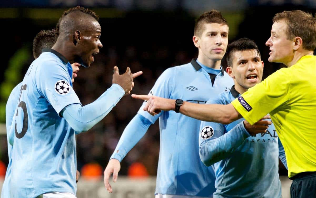 MANCHESTER, ENGLAND - Tuesday, November 6, 2012: Manchester City's Mario Balotelli, Samir Nasri, Sergio Aguero and Matija Nastasic complain at referee Peter Rasmussen after the UEFA Champions League Group D match against AFC Ajax at City of Manchester Stadium. (Pic by Vegard Grott/Propaganda)