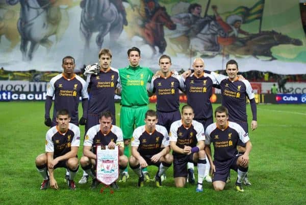 MOSCOW, RUSSIA - Thursday, November 8, 2012: Liverpool's players line up for a team group photograph before during the UEFA Europa League Group A match against FC Anji Makhachkala at the Lokomotiv Stadium. Back row L-R: Andre Wisdom, Sebastian Coates, goalkeeper Brad Jones, Jordan Henderson, Jonjo Shelvey, Stewart Downing. Front row L-R: Conor Coady, Jamie Carragher, Jon Flanagan, Joe Cole, Adam Morgan. (Pic by David Rawcliffe/Propaganda)