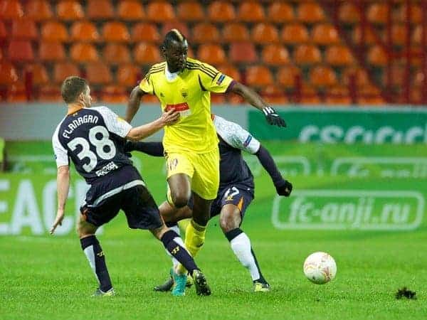 MOSCOW, RUSSIA - Thursday, November 8, 2012: Liverpool's Jon Flanagan in action against FC Anji Makhachkala'a Lacina Traore during the UEFA Europa League Group A match at the Lokomotiv Stadium. (Pic by David Rawcliffe/Propaganda)