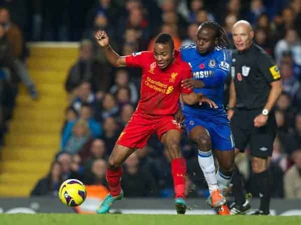 LONDON, ENGLAND - Sunday, November 11, 2012: Liverpool's Raheem Sterling in action against Chelsea's Victor Moses during the Premiership match at Stamford Bridge. (Pic by David Rawcliffe/Propaganda)