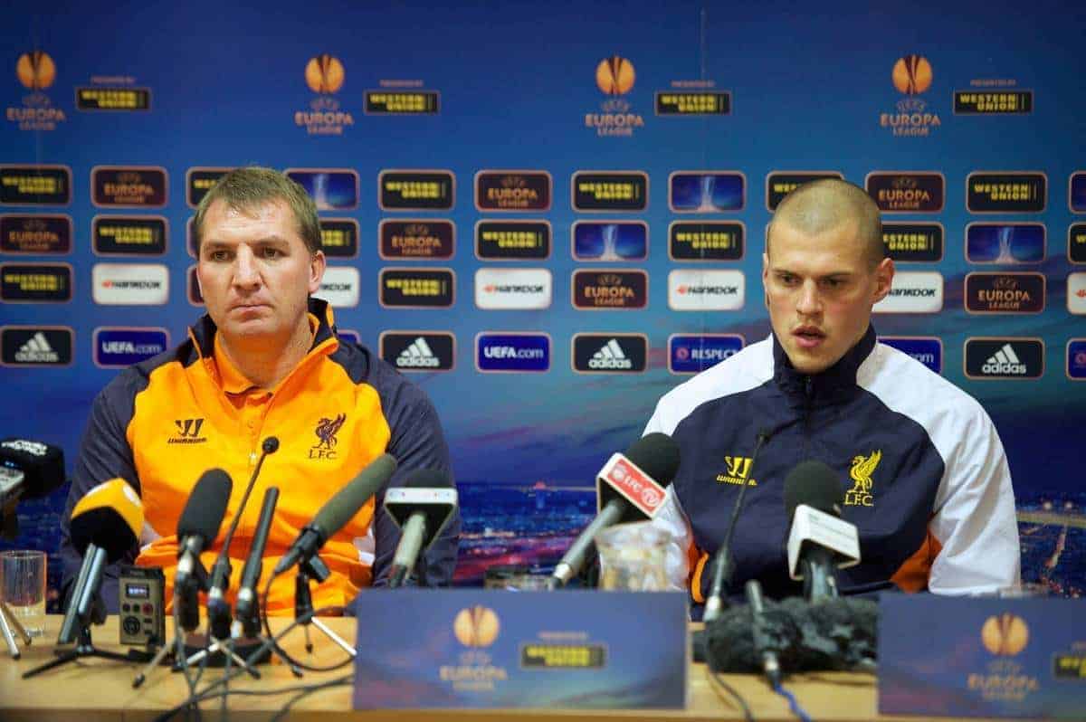 LIVERPOOL, ENGLAND - Wednesday, November 21, 2012: Liverpool's manager Brendan Rodgers and Martin Skrtel during a press conference at Anfield ahead of the UEFA Europa League Group A match against BSC Young Boys. (Pic by David Rawcliffe/Propaganda)