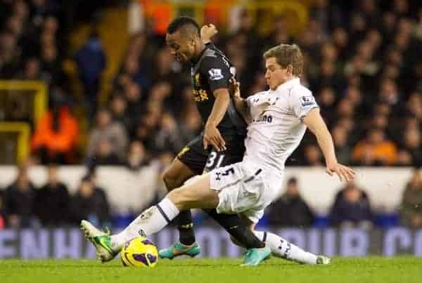 LONDON, ENGLAND - Wednesday, November 28, 2012: Liverpool's Raheem Sterling in action against Tottenham Hotspur's Jan Vertonghen during the Premiership match at White Hart Lane. (Pic by David Rawcliffe/Propaganda)