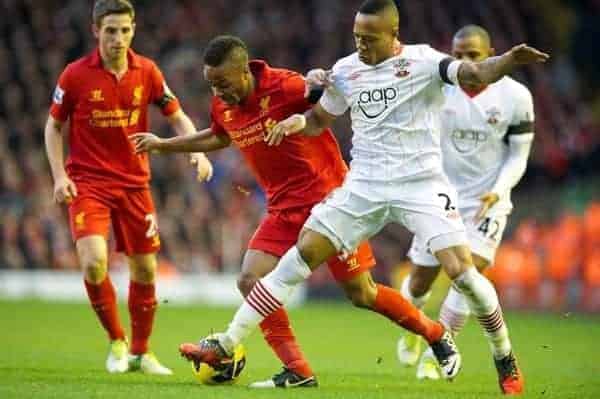 LIVERPOOL, ENGLAND - Saturday, December 1, 2012: Liverpool's Raheem Sterling in action against Southampton's Nathaniel Clyne during the Premiership match at Anfield. (Pic by David Rawcliffe/Propaganda)