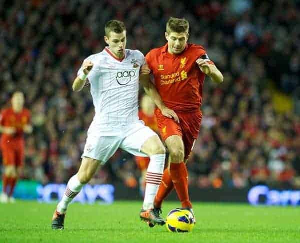 LIVERPOOL, ENGLAND - Saturday, December 1, 2012: Liverpool's captain Steven Gerrard in action against Southampton's Morgan Schneiderlin during the Premiership match at Anfield. (Pic by David Rawcliffe/Propaganda)