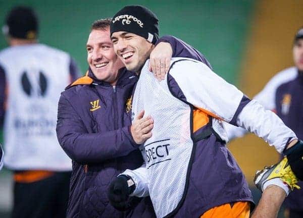 05.12.2012, Stadio Friuli, Udine, ITA, UEFA EL, Udinese Calcio vs FC Liverpool, Gruppe A, Training, FC Liverpool, im Bild Brendan Rodgers (Trainer, Liverpool FC), Luis Suarez (# 07, Liverpool FC) // Brendan Rodgers (Trainer, Liverpool FC), Luis Suarez (# 07, Liverpool FC) during Training of Liverpool FC before the UEFA Europa League group A match between Udinese Calcio and Liverpool FC at the Stadio Friuli, Udinese, Italy on 2012/12/05. EXPA Pictures © 2012, PhotoCredit: EXPA/ Juergen Feichter