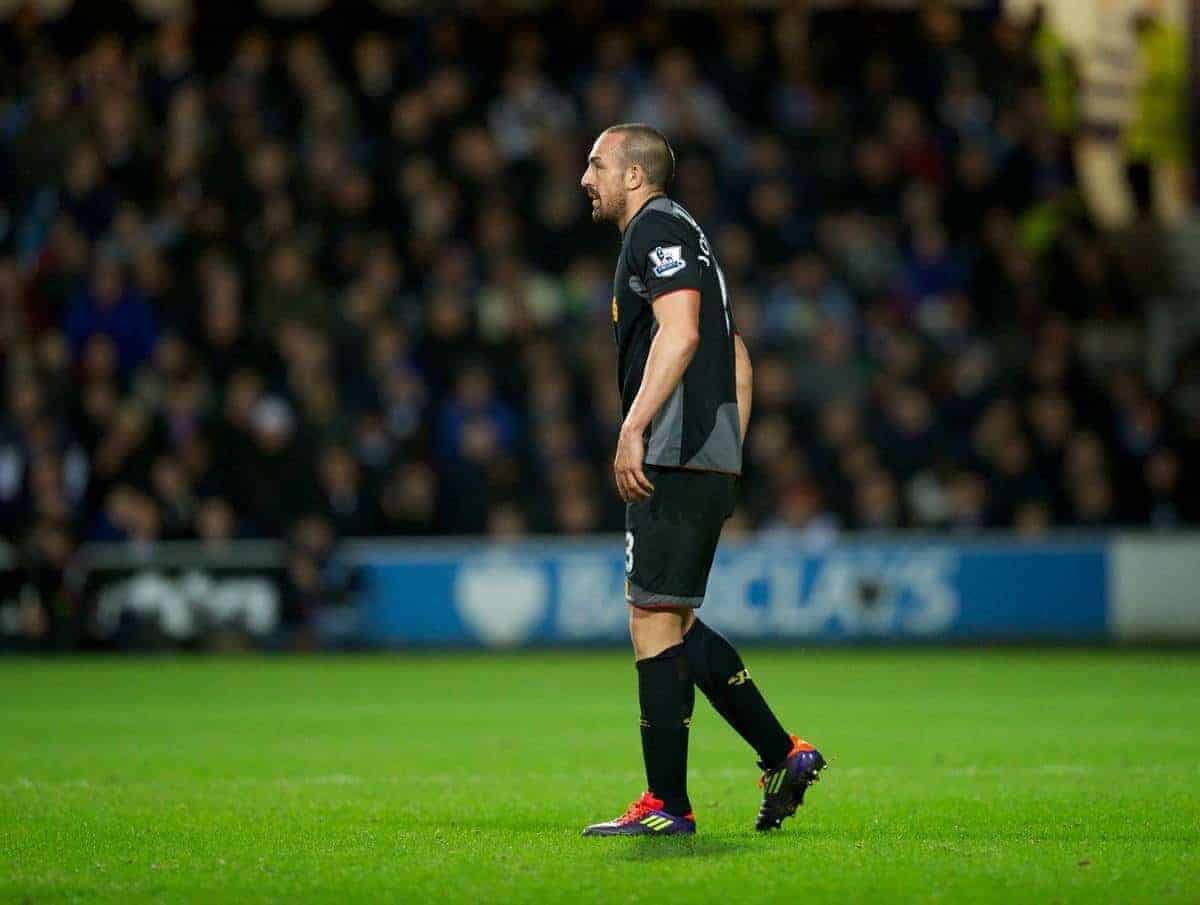 LONDON, ENGLAND - Sunday, December 30, 2012: Liverpool's Jose Enrique limps off injured with a suspected hamstring injury during the Premiership match against Queens Park Rangers at Loftus Road. (Pic by David Rawcliffe/Propaganda)