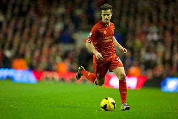 LIVERPOOL, ENGLAND - Wednesday, January 1, 2014: Liverpool's Philippe Coutinho Correia in action against Hull City during the Premiership match at Anfield. (Pic by David Rawcliffe/Propaganda)