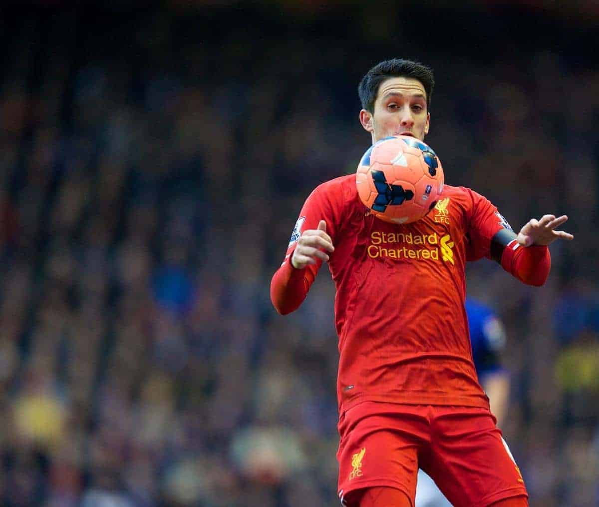 LIVERPOOL, ENGLAND - Sunday, January 5, 2014: Liverpool's Luis Alberto in action against Oldham Athletic during the FA Cup 3rd Round match at Anfield. (Pic by David Rawcliffe/Propaganda)