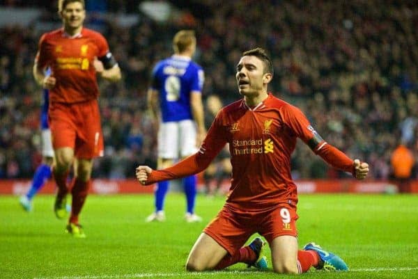 LIVERPOOL, ENGLAND - Sunday, January 5, 2014: Liverpool's Iago Aspas celebrates scoring the first goal against Oldham Athletic during the FA Cup 3rd Round match at Anfield. (Pic by David Rawcliffe/Propaganda)