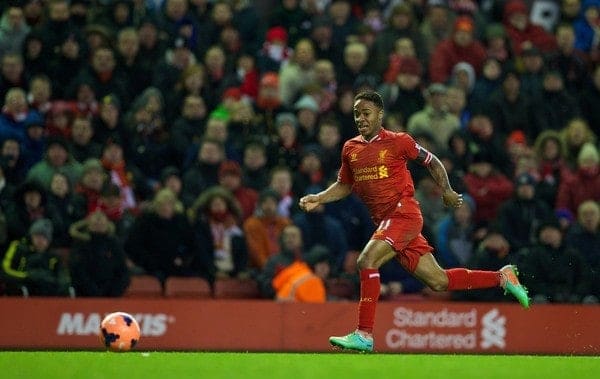 LIVERPOOL, ENGLAND - Sunday, January 5, 2014: Liverpool's Raheem Sterling in action against Oldham Athletic during the FA Cup 3rd Round match at Anfield. (Pic by David Rawcliffe/Propaganda)