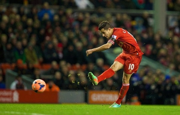 LIVERPOOL, ENGLAND - Sunday, January 5, 2014: Liverpool's Philippe Coutinho Correia in action against Oldham Athletic during the FA Cup 3rd Round match at Anfield. (Pic by David Rawcliffe/Propaganda)