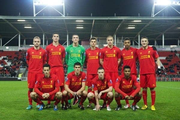 ST HELENS, ENGLAND - Tuesday, January 8, 2013: Liverpool's players line up for a team group photograph before the NextGen Series Group 5 match against Inter Milan at Langtree Park. Back row L-R: Ryan McLaughlin, Lloyd Jones, goalkeeper Ryan Fulton, Marc Pelosi, Jakub Sokolik, Jordan Ibe, Samed Yesil. Front row L-R: Krisztian Adorjan, captain Conor Coady, Brad Smith, Jerome Sinclair. (Pic by Chris Brunskill/Propaganda)