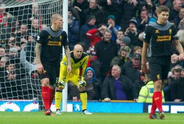 MANCHESTER, ENGLAND - Sunday, January 13, 2013: Liverpool's goalkeeper Jose Reina looks dejected as Manchester United score a second goal during the Premiership match at Old Trafford. (Pic by David Rawcliffe/Propaganda)