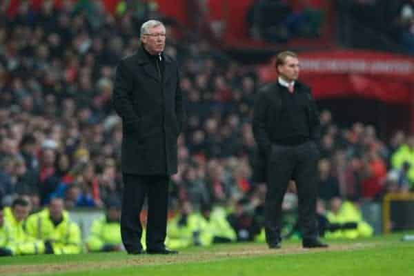 MANCHESTER, ENGLAND - Sunday, January 13, 2013: Manchester United's manager Alex Ferguson during the Premiership match against Liverpool at Old Trafford. (Pic by David Rawcliffe/Propaganda)