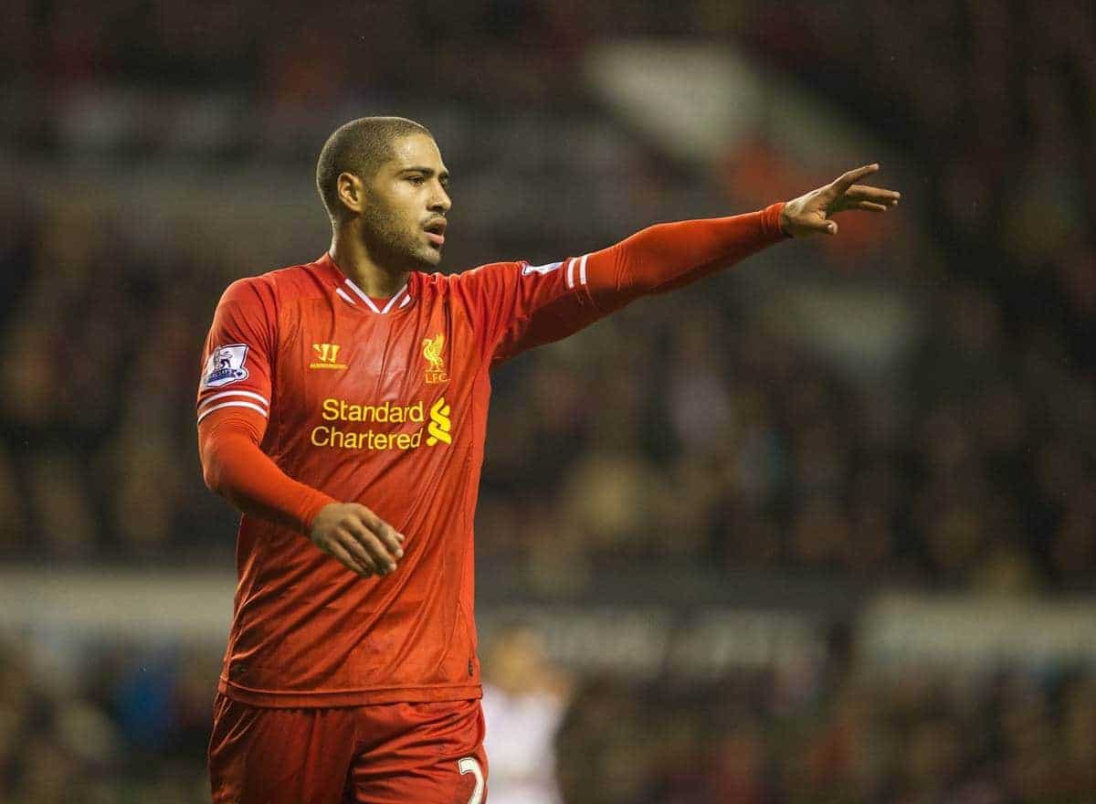LIVERPOOL, ENGLAND - Saturday, January 18, 2014: Liverpool's Glen Johnson in action against Aston Villa during the Premiership match at Anfield. (Pic by David Rawcliffe/Propaganda)