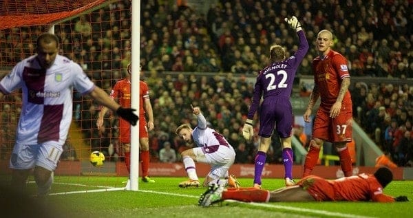 LIVERPOOL, ENGLAND - Saturday, January 18, 2014: Aston Villa's Andreas Weimann celebrates scoring the first goal against Liverpool during the Premiership match at Anfield. (Pic by David Rawcliffe/Propaganda)