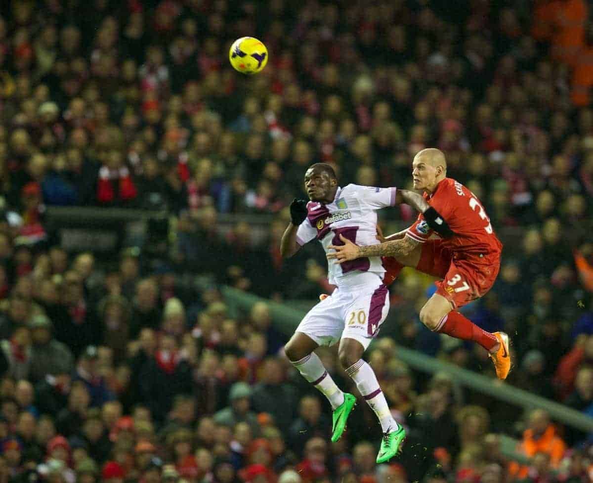 LIVERPOOL, ENGLAND - Saturday, January 18, 2014: Liverpool's Martin Skrtel in action against Aston Villa's Christian Benteke during the Premiership match at Anfield. (Pic by David Rawcliffe/Propaganda)