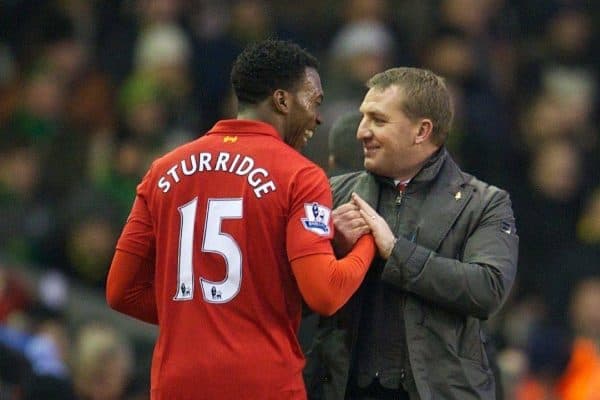 LIVERPOOL, ENGLAND - Saturday, January 19, 2013: Liverpool's new signing Daniel Sturridge and manager Brendan Rodgers during the Premiership match against Norwich City at Anfield. (Pic by David Rawcliffe/Propaganda)