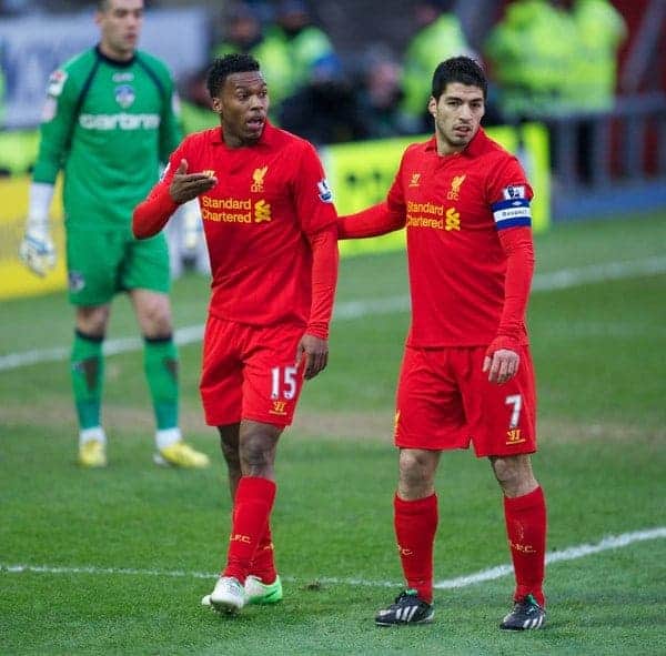 OLDHAM, ENGLAND - Sunday, January 27, 2013: Liverpool's captain new signing Daniel Sturridge and Luis Alberto Suarez Diaz in action against Oldham Athletic during the FA Cup 4th Round match at Boundary Park. (Pic by David Rawcliffe/Propaganda)