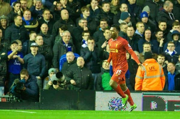 LIVERPOOL, ENGLAND - Tuesday, January 28, 2014: Liverpool's Daniel Sturridge celebrates scoring the second goal against Everton during the 222nd Merseyside Derby Premiership match at Anfield. (Pic by David Rawcliffe/Propaganda)