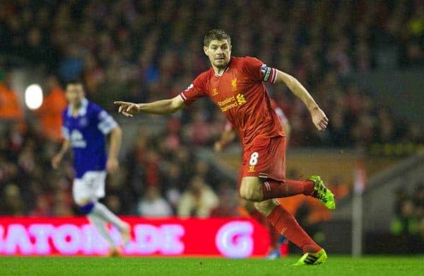 LIVERPOOL, ENGLAND - Tuesday, January 28, 2014: Liverpool's captain Steven Gerrard in action against Everton during the 222nd Merseyside Derby Premiership match at Anfield. (Pic by David Rawcliffe/Propaganda)