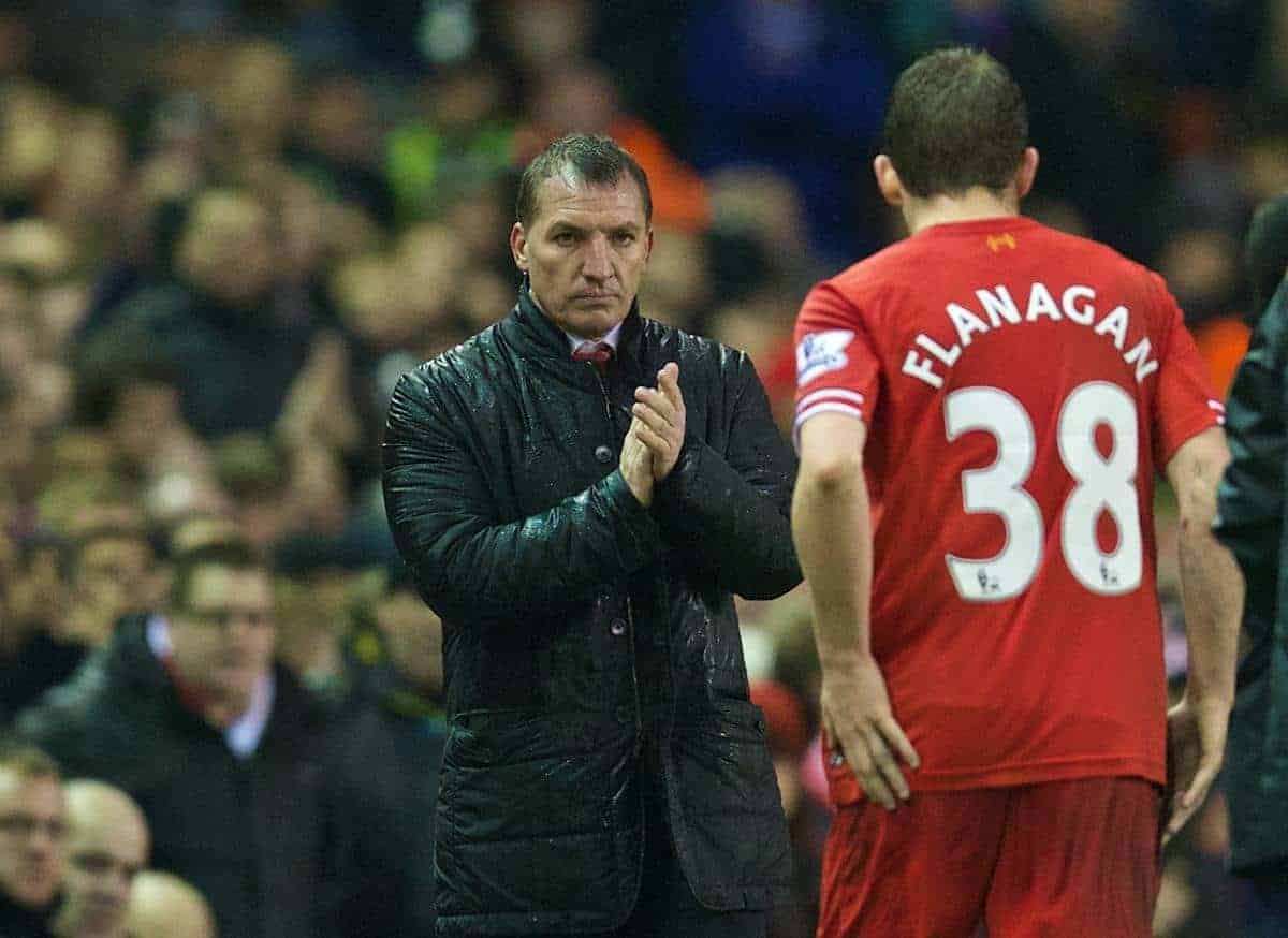 LIVERPOOL, ENGLAND - Tuesday, January 28, 2014: Liverpool's manager Brendan Rodgers substitutes Jon Flanagan during the 222nd Merseyside Derby Premiership match against Everton at Anfield. (Pic by David Rawcliffe/Propaganda)