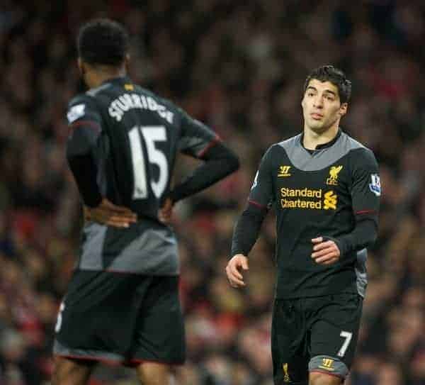 LONDON, ENGLAND - Wednesday, January 30, 2013: Liverpool's Luis Alberto Suarez Diaz and Daniel Sturridge during the Premiership match against Arsenal at the Emirates Stadium. (Pic by David Rawcliffe/Propaganda)