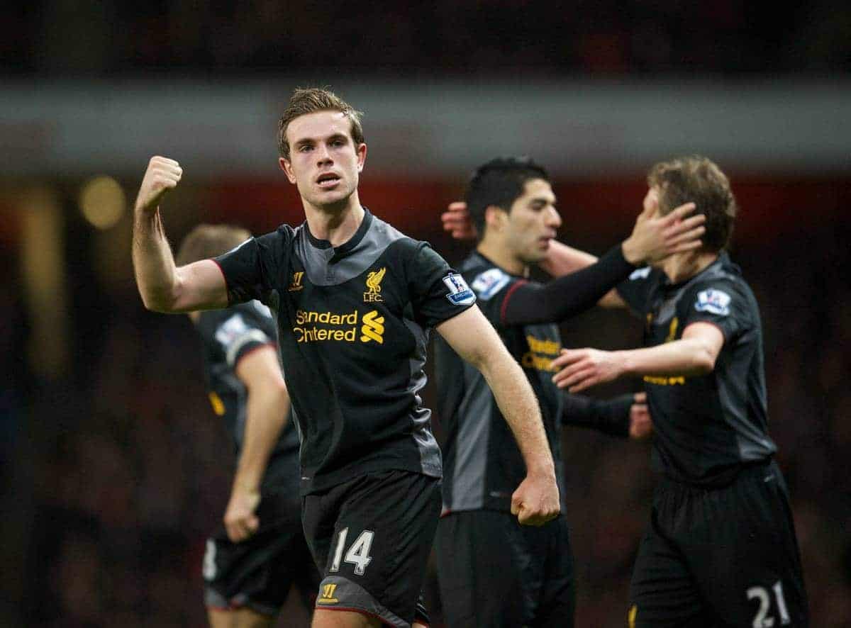 LONDON, ENGLAND - Wednesday, January 30, 2013: Liverpool's Jordan Henderson celebrates scoring the second goal against Arsenal during the Premiership match at the Emirates Stadium. (Pic by David Rawcliffe/Propaganda)