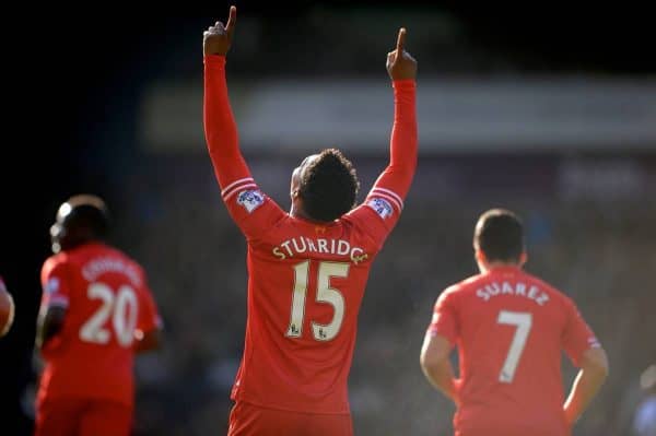 WEST BROMWICH, ENGLAND - Sunday, February 2, 2014: Liverpool's Daniel Sturridge celebrates scoring the opening goal against West Bromwich Albion during the Premiership match at the Hawthorns. (Pic by Chris Brunskill/Propaganda)