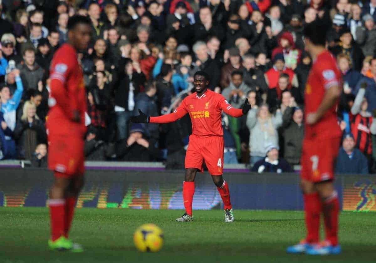 WEST BROMWICH, ENGLAND - Sunday, February 2, 2014: Liverpool's Kolo Toure looks dejected after his error handed West Bromwich Albion a late equalising goal during the Premiership match at the Hawthorns. (Pic by Chris Brunskill/Propaganda)