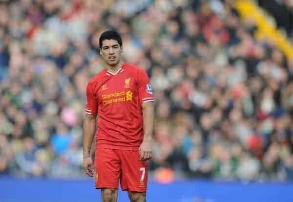 WEST BROMWICH, ENGLAND - Sunday, February 2, 2014: Liverpool's Luis Suarez in action against West Bromwich Albion during the Premiership match at the Hawthorns. (Pic by Chris Brunskill/Propaganda)