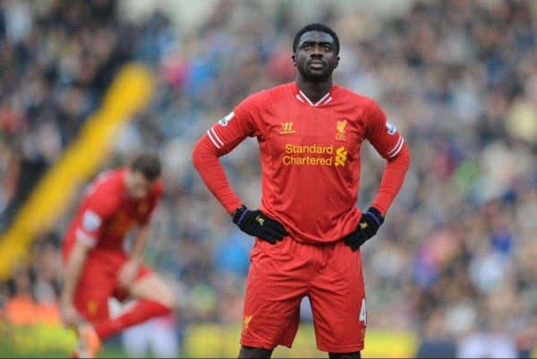 WEST BROMWICH, ENGLAND - Sunday, February 2, 2014: Liverpool's Kolo Toure looks dejected after his error cost his side two points, gifting West Bromwich Albion an equalising goal, during the Premiership match at the Hawthorns. (Pic by Chris Brunskill/Propaganda)