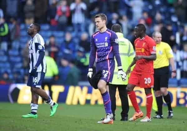 WEST BROMWICH, ENGLAND - Sunday, February 2, 2014: Liverpool's goalkeeper Simon Mignolet looks dejected as his side draw 1-1 with West Bromwich Albion during the Premiership match at the Hawthorns. (Pic by Chris Brunskill/Propaganda)