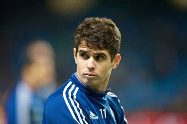 MANCHESTER, ENGLAND - Monday, February 3, 2014: Chelsea's Oscar dos Santos Emboaba Junior misses out during the Premiership match at the City of Manchester Stadium. (Pic by David Rawcliffe/Propaganda)