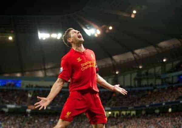 MANCHESTER, ENGLAND - Sunday, February 3, 2013: Liverpool's captain Steven Gerrard celebrates scoring the second goal against Manchester City during the Premiership match at the City of Manchester Stadium. (Pic by David Rawcliffe/Propaganda)